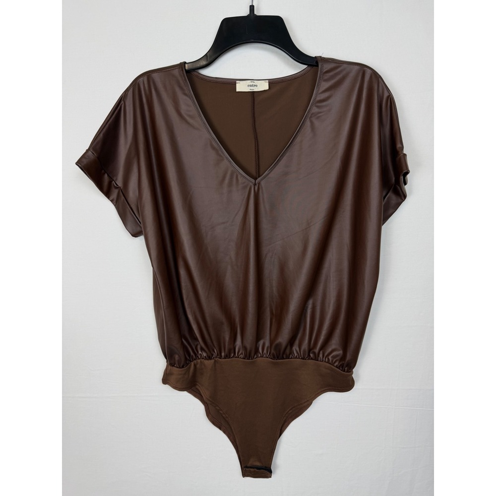 Entro Women's Faux Leather Bodysuit Med Brown V-Neck Minimalist Short Sleeve M